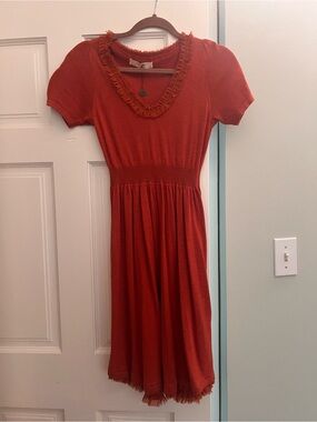 Isabella Sinclair Red Midi Dress with Ruffle V-Neck XS from Anthropologie